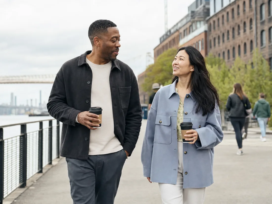 Illustrative scene created for DateJim: a couple enjoying an easy waterfront date