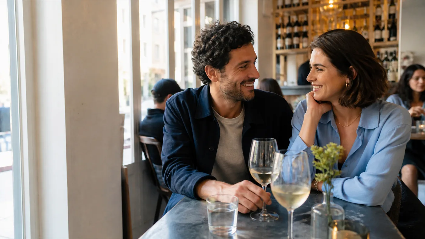 Illustrative scene created for DateJim: a couple sharing a relaxed conversation at a warm wine bar